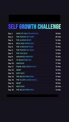 the self growth challenge is shown in blue and green text on a black background with white letters