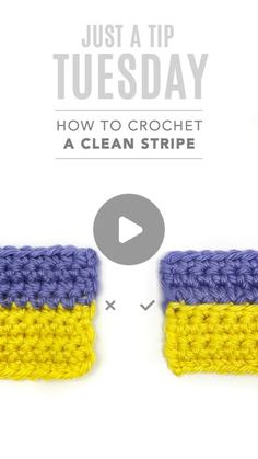 two crocheted squares with the text just a tip tuesday how to crochet a clean strip