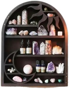 a shelf filled with lots of different types of rocks and other things on top of it