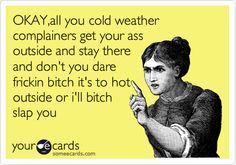 OKAY,all you cold weather complainers get your ass outside and stay there and don't you dare frickin bitch it's to hot outside or i'll bitch slap you. Hot Outside Humor, Weather Quotes, Belly Laughs, Sarcasm Humor, Funny Mother, Ecards Funny