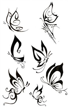 some black and white butterflies with swirly designs on their wings, all in different shapes