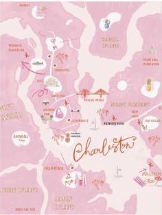 a pink map with the name charleston on it and other things in orange, white, and pink