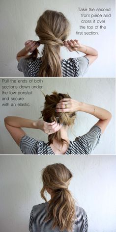 Messy Crossover Ponytail, for an easy, off-duty hair look! Effortless Hairstyles, Work Hairstyles, Haircuts For Long Hair, Hair Envy, Hair Dos, Up Hairstyles, Hair Hacks, Medium Length Hair Styles, Hair Looks