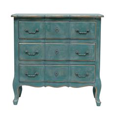 an old blue dresser with drawers and handles on the bottom drawer, isolated against a white background