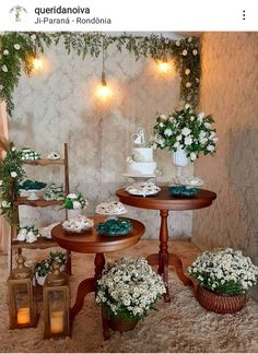 two tables with flowers and candles on them