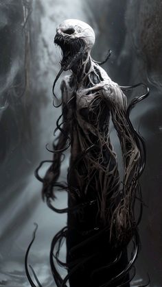 a creepy creature standing in the middle of a foggy forest with long hair and large eyes