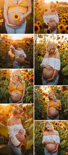 a pregnant woman poses in the sunflowers with her belly wrapped around her waist