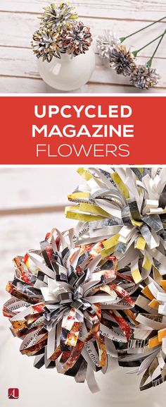 an upcycled magazine flower is sitting on a table