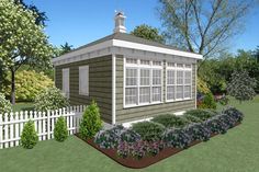 this is a computer rendering of a small house in the yard with flowers and shrubs