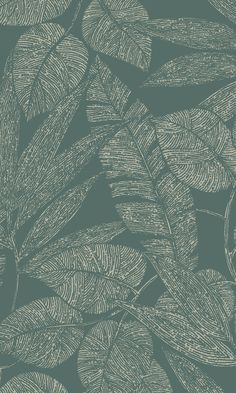 a green and white wallpaper with leaves on it