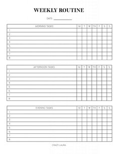 the printable weekly routine is shown in black and white