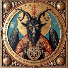 an icon depicting the demon goat holding a pen and surrounded by other symbols on it