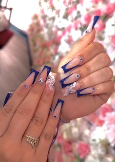 nails by jaxenmac_nails - loved this set 🧞‍♂️ Party Prom nails rhinestones fancy Blue And Gold Nails Acrylic Coffin, Role Blue Nails, Sapphire Blue And Silver Nails, Dark Blue Nail Inspo Short, Royal Blue Nails Tips, Quinceanera Nails Navy Blue, Short Navy Blue Nails Acrylic, Navy Blue Baddie Nails, Medium Length Blue Nails