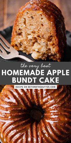 the best homemade apple bundt cake recipe on a black plate with a fork next to it