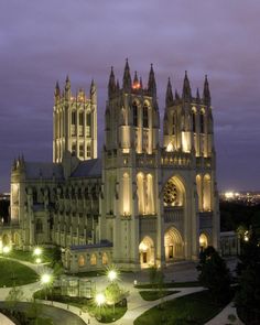 a large cathedral lit up at night with lights shining on it's sides and windows