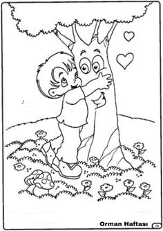 a coloring page with two children hugging in front of a tree