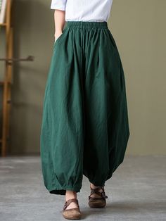 Simple Loose Linen Solid Color Pleated Drawstring Wide Legs Knickerbockers BLACK-FREE SIZE Vintage Harem Pants, Linen Harem Pants, Yoga Trousers, Harem Pants Women, Baggy Pants, Green Pants, Plaid Fashion, Pantalon Large, Linen Women