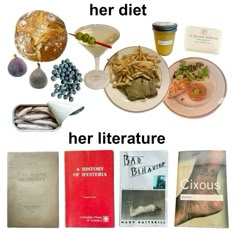 there are many different books and food on the table with it's title written