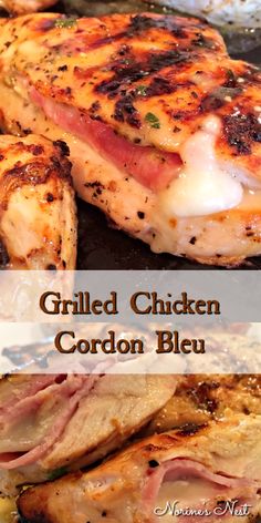 grilled chicken with corn and blue cheese is shown in two different pictures, one on the