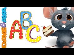 a cartoon mouse holding a piece of cake next to the letters abc and person's name