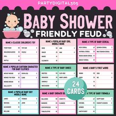 baby shower game with the words, baby shower friendly fed and 2 cards in it