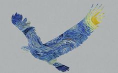 a bird painted with blue, yellow and white colors on it's wings is flying in the sky