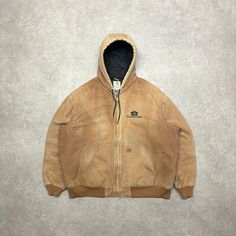 Vintage Carhartt tan active hooded carpenter jacket fleece lined Size - X-Large Width - 30' Length - 30' Carpenter Jacket, Workwear Jacket, Vintage Carhartt, Favorite Outfit, Work Wear, Mens Jackets, Art Collection, Bathing Beauties, Jackets & Coats