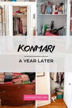 an open closet with clothes and other items in the bottom right corner, below it is text that reads kommari a year later