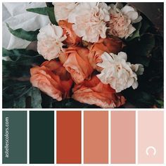 the color palette is peach and green with white flowers in it, along with other colors