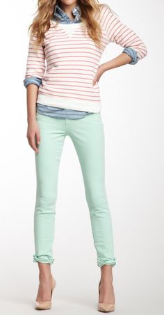 spring outfits :) Mint Green Pants, Mint Jeans, Green Pants, Fall Fashion Trends, Looks Style, Mode Inspiration, Look Chic