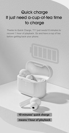 an advertisement for the airpods is shown in black and white with text that reads, quick charge it just need a cup - of - fed time to charge