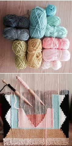 two pictures with yarn and crochet on them