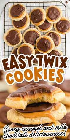 chocolate covered cookies are stacked on top of each other with the words easy twx cookies