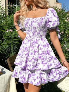 Summer Holiday Floral Printed Square Neckline Dress With Ruffled Hem Purple Boho  Short Sleeve Woven Fabric Floral,Plants,All Over Print A Line Non-Stretch  Women Clothing, size features are:Bust: ,Length: ,Sleeve Length: Purple Tiered Mini Dress For Summer, Purple Tiered Mini Dress For Spring, Square Neckline Dress, Short Sleeve Summer Dresses, Cute Dress Outfits, Casual Preppy Outfits, Neckline Dress, Cute Summer Dresses, Dress For Short Women