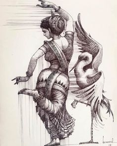 a drawing of a woman dancing with two birds