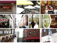 there are many pictures of different restaurants in the city