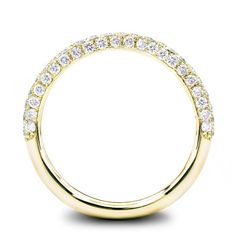 a yellow gold wedding ring with rows of diamonds on the side and an open band