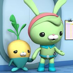 two cartoon characters are standing next to each other in front of a wall with a clipboard on it