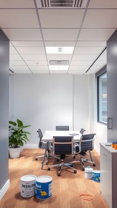 two buckets are sitting on the floor in front of a meeting room table and chairs