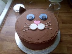 a chocolate cake decorated to look like a cat