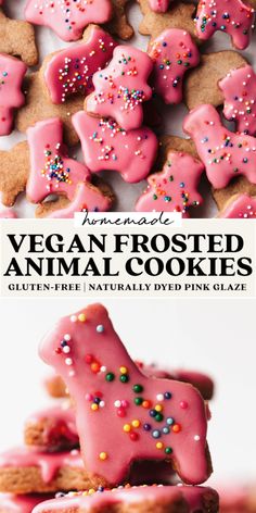 vegan frosted animal cookies with sprinkles and pink glaze on top