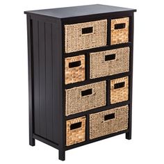 a black and brown cabinet with wicker baskets on the bottom drawer, against a white background