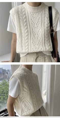 two pictures of the back and side of a woman's sweater, one in white