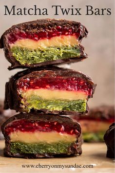 chocolate raspberry matcha twix bars stacked on top of each other