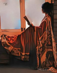 a woman in an orange and black kimono is looking out the window while holding a book