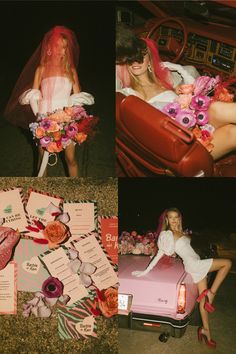 two women in wedding dresses sitting on the back of a car with flowers and cards