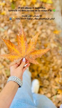 a person holding a leaf in their hand with the caption if his dream is beautiful, suppose it's really can be so beautiful