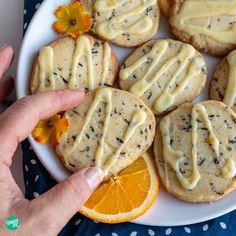 a plate with cookies and orange slices on it, being held by someone's hand