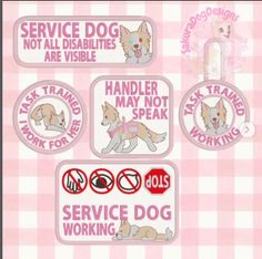 four stickers with dogs on them in pink and white checkered pattern, one says service dog not all disabilitiess are visible