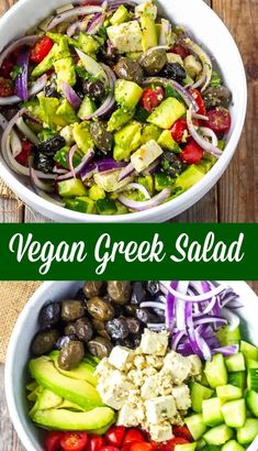 two bowls filled with salad and vegetables on top of a wooden table in front of the words vegan greek salad